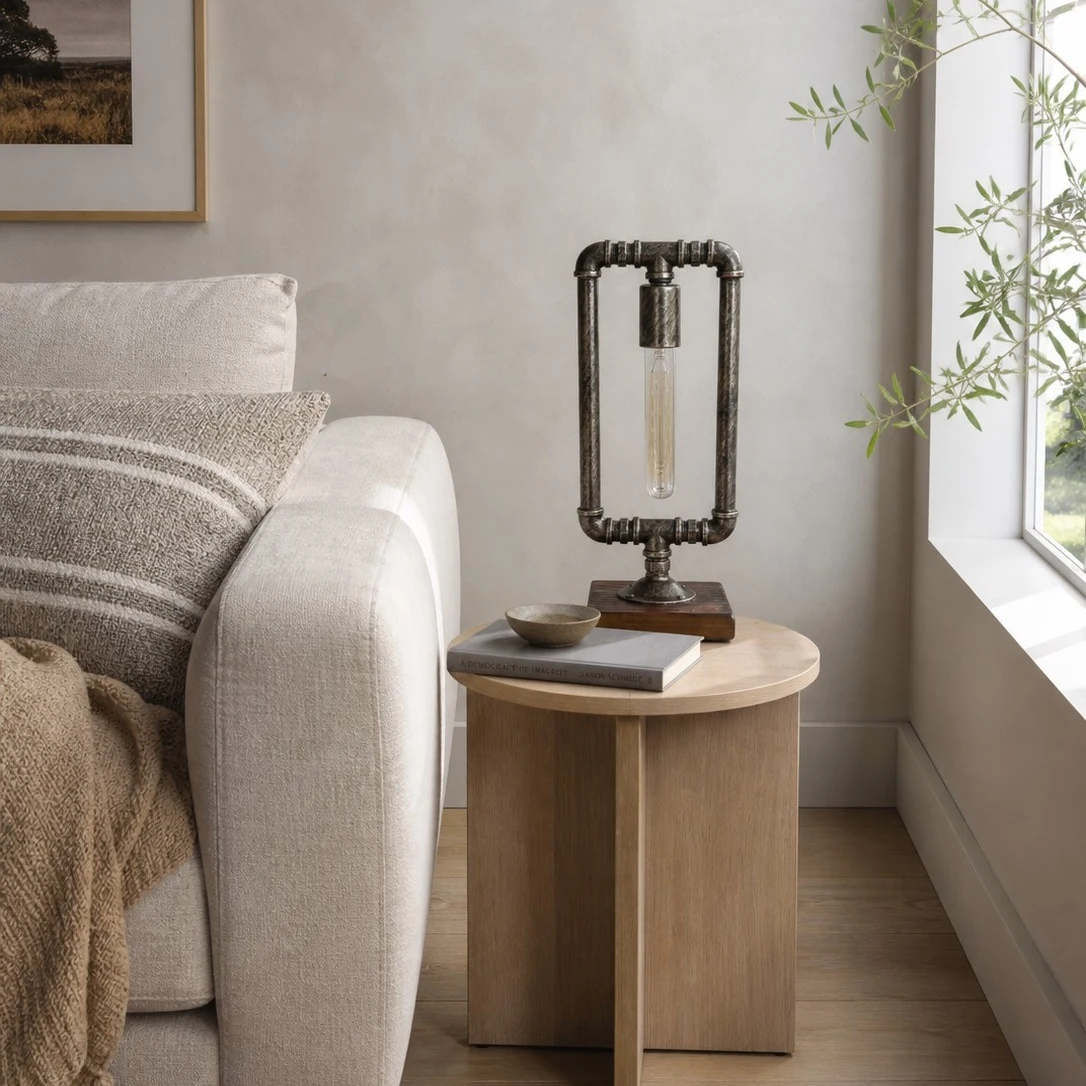 Industrial pipe table lamp beside a sofa