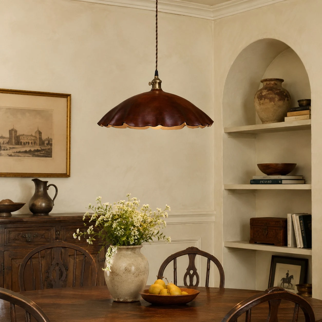 Leather pendant lamp in a quiet reading corner scene