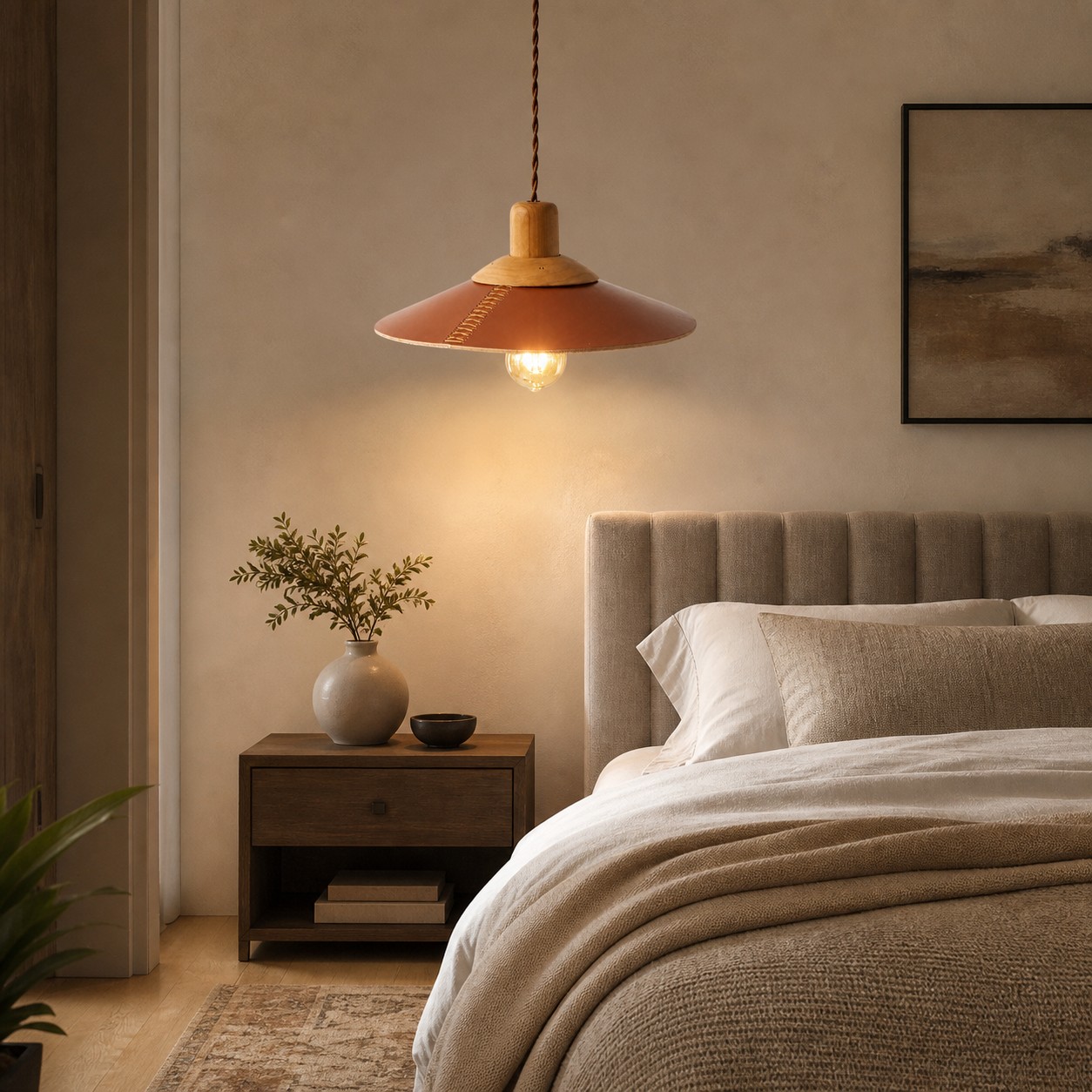 Brown leather pendant in a warm bedroom