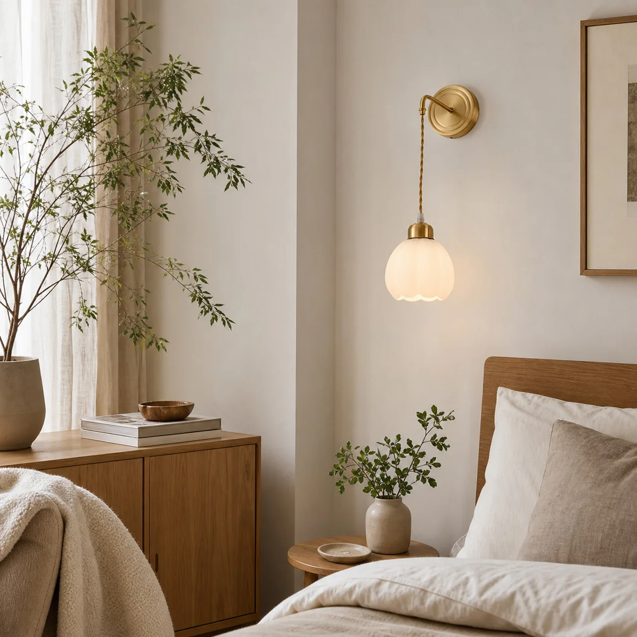 Petal shade wall sconce installed beside a bedroom