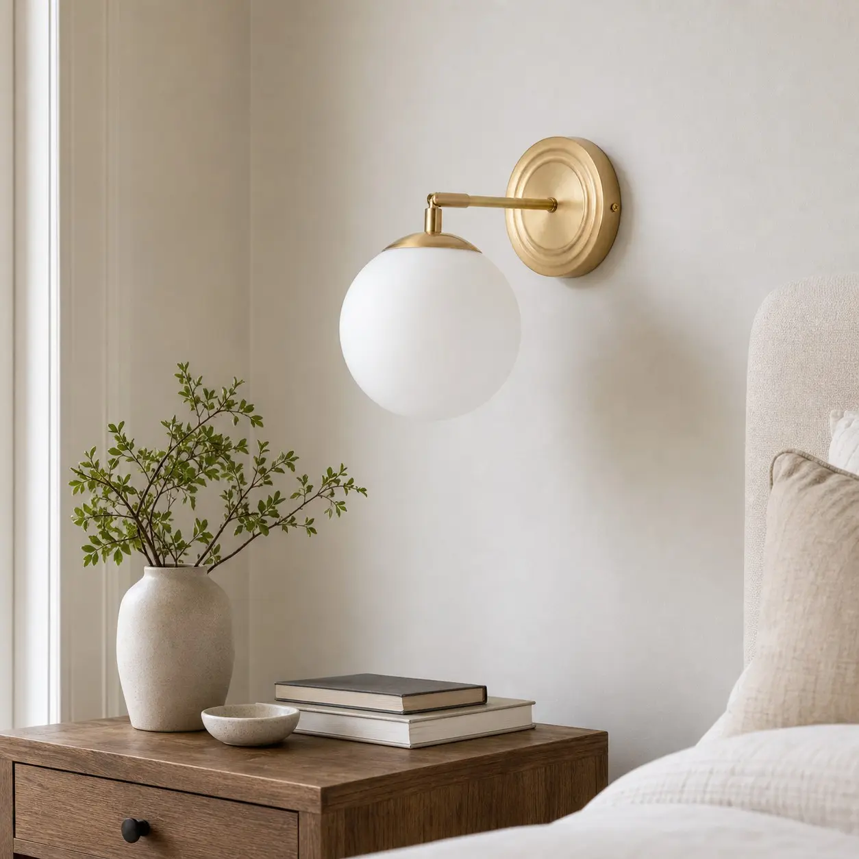 Milk glass wall lamp beside a neutral upholstered bed