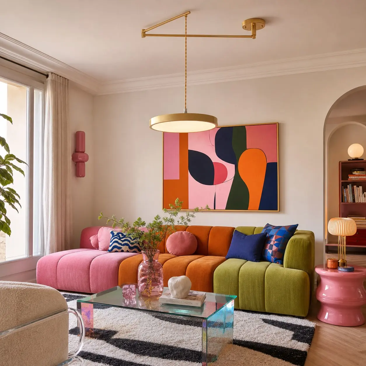 Gold movable pendant light in a colorful Bauhaus living room